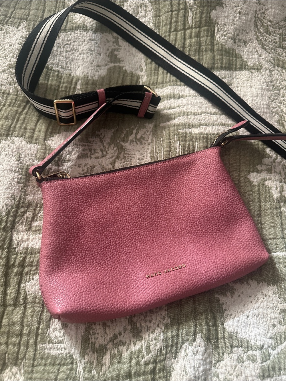 Marc Jacobs Rose Pink Pebbled Leather Crossbody with Striped Webbing Strap